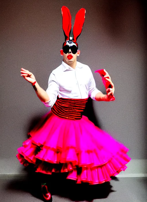 Image similar to Bad Bunny dressed as a flamenco dancer