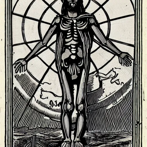 Image similar to Jesus Christ as skeleton inside an epicenter of a thermonuclear blast standing on the Earth sphere with radioactive rays to the sides