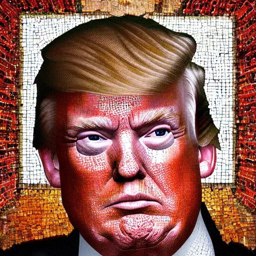 Image similar to portrait mosaic of trump with robot eyes, 4k, intricate details, digital, between heaven and hell