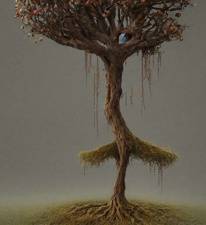 Image similar to anthropomorphic female apple tree, trending on artstation art by zdzislaw beksinski, highly detailed, cg society contest winner