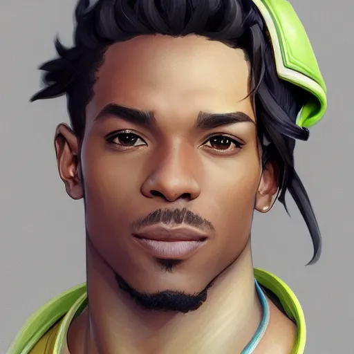 Image similar to closeup portrait of lucio from overwatch, d & d, fantasy, intricate, elegant, highly detailed, digital painting, artstation, concept art, matte, sharp focus, illustration, hearthstone, art by artgerm and greg rutkowski and alphonse mucha