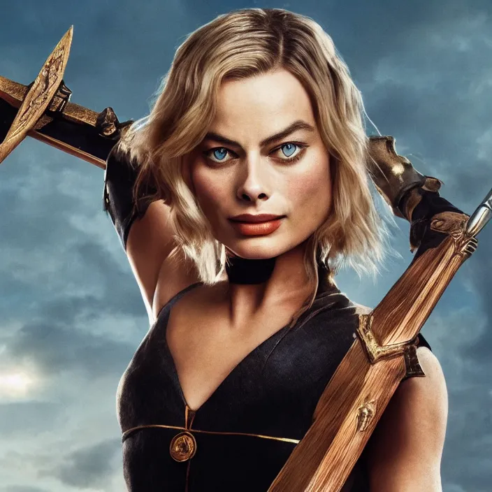 Image similar to margot robbie, holding broadsword. very coherent symmetrical artwork. cinematic, high detail, octane render, 8 k