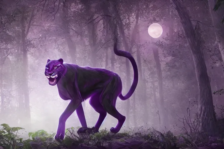 Image similar to a purple colored panther roaring in a forest during the night, large moon in the center. high quality render. illustration. 4 k. render. photoreal. highly detailed. artstation. realistic. dramatic. darkness. moon.