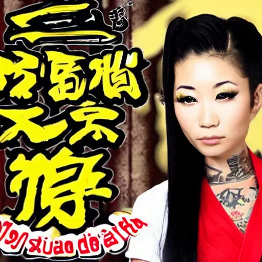 Prompt: a yakuza girl with tattoo advertises indomie