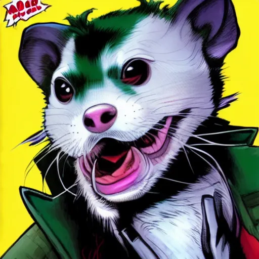 Prompt: A ferret as the Joker, Comic book art