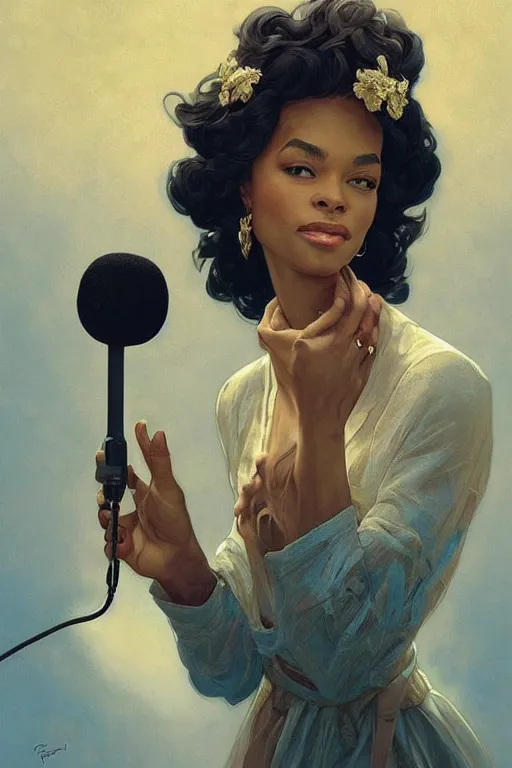 Image similar to beautiful cottagecore audreh winfrey holding a microphone. intricate, elegant. highly detailed, digital painting, artstation, concept art, smooth, sharp, focus, illustration. . art by artgerm and greg rutkowski and alphonse mucha