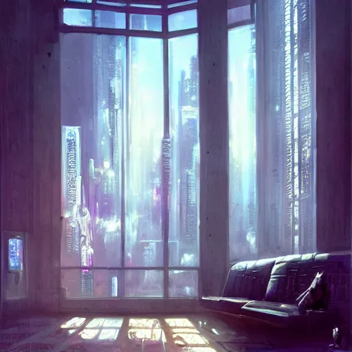 Image similar to cyberpunk living room interior, windows, light rays, buildings, dystoptian, gorgeous view, depth, painted by Seb McKinnon, clouds, tending on artstation