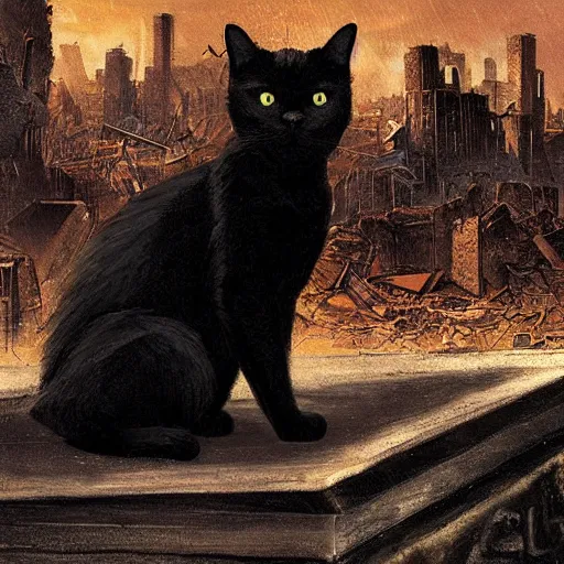 Image similar to a black cat looking at a destroyed city, by karcz, michal