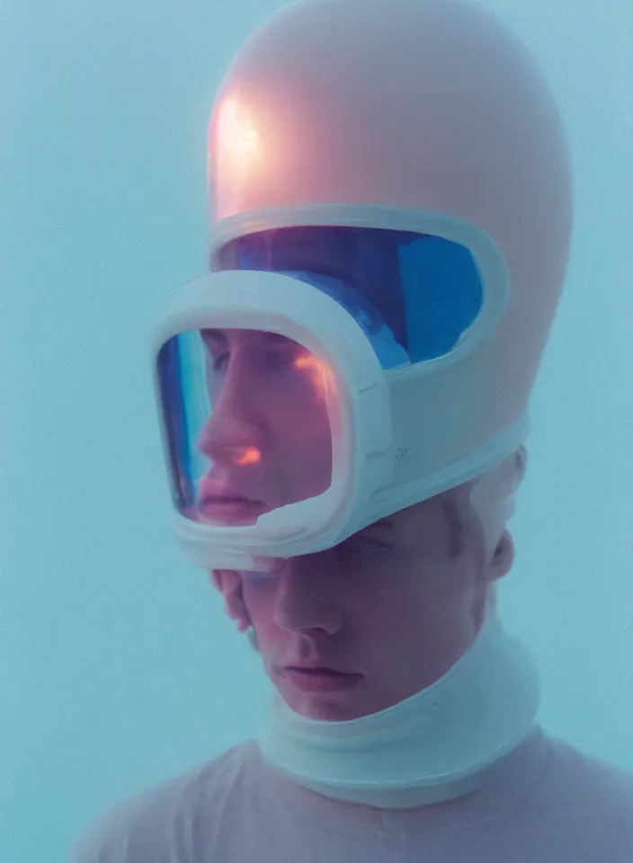 Image similar to high quality pastel coloured film portrait photograph of a beautiful young 2 0 year old male, soft features, short hair, wearing perspex space mask visor and oversized inflated clothing!! icelandic black rock pool environment. atmospheric three point light. photographic. art directed. ( pastel colours ). volumetric. clearcoat. waves. 8 k. filmic.