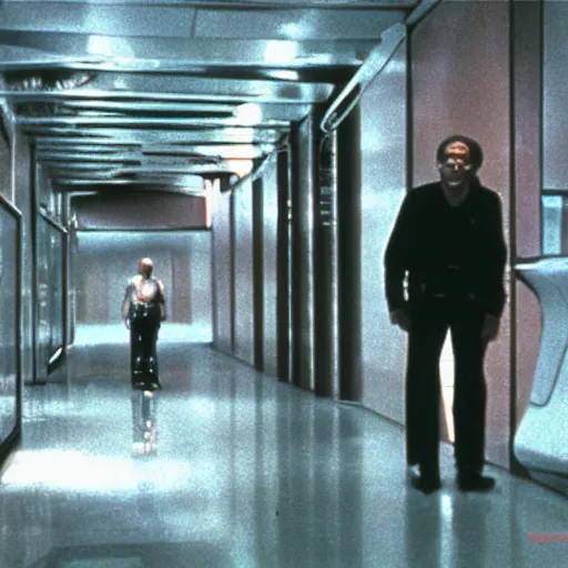 Prompt: 1 9 8 0 s sci - fi movie, vintage still frame, skinned monster demon in hi - tech corridor, photorealistic, art by ridley scott