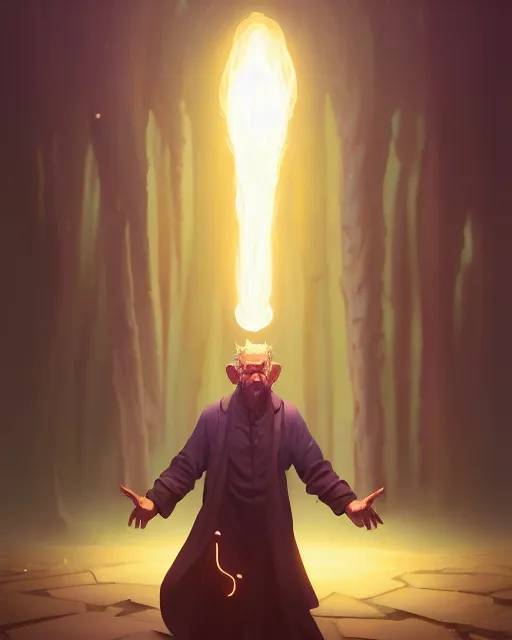 Image similar to highly detailed vfx portrait of an old mage casting a light spell, unreal engine, greg rutkowski, loish, rhads, beeple, makoto shinkai and lois van baarle, ilya kuvshinov, rossdraws, tom bagshaw, alphonse mucha, global illumination, detailed and intricate environment