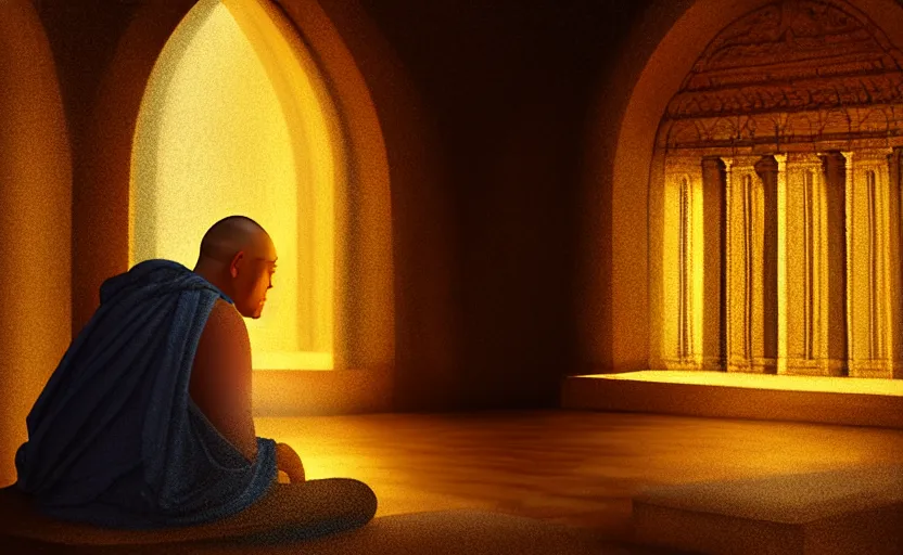 Image similar to distant monk sitting inside a peaceful marble temple while being illuminated by a ray of light, blissful, digital oil painting