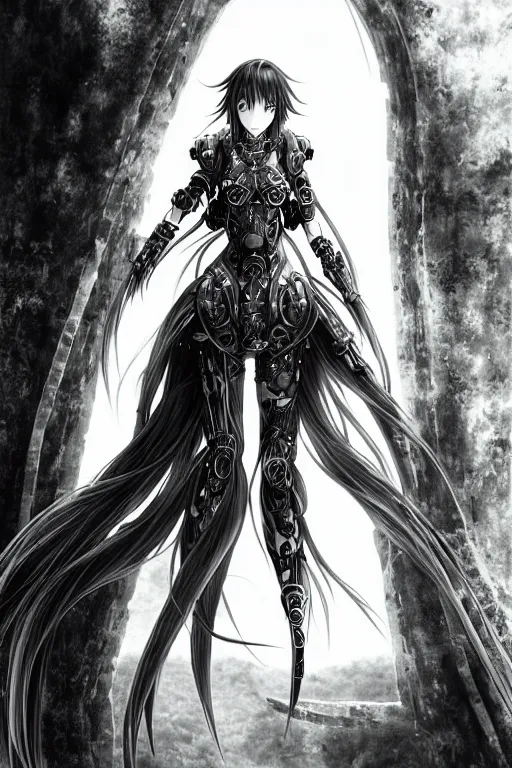 Image similar to a vertical portrait of a character in a scenic environment by Yoshitaka Amano, black and white, dreamy, cybernetic armor, wavy long black hair, highly detailed