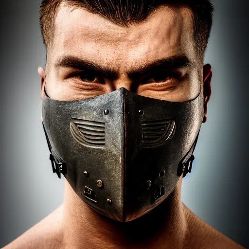 Prompt: portrait of a male warrior with split face mask,fantasy, D&D, HDR, natural light, dynamic pose, award winning photograph, 8k, Mucha style,