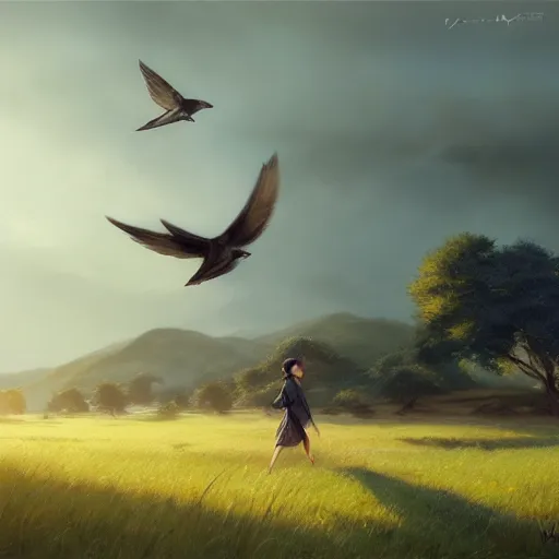 Image similar to flock of swallows in avila, green fields, oaks, spring season, 4 k, midday light, concept art, by wlop, ilya kuvshinov, artgerm, krenz cushart, greg rutkowski, pixiv. cinematic dramatic atmosphere, sharp focus, volumetric lighting, cinematic lighting, studio quality