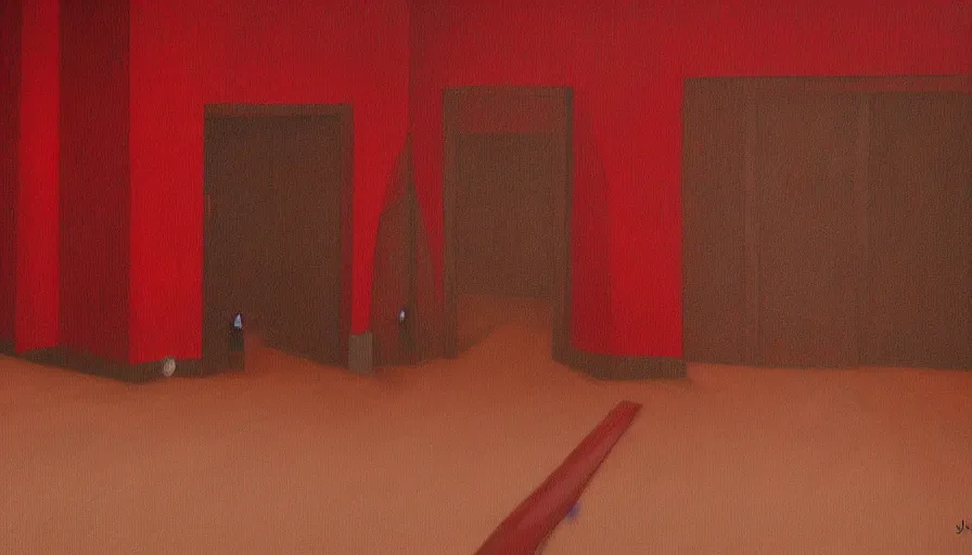 Image similar to jon hale painting of twin peaks red room, ominious, lynchian, visible textures, blurry