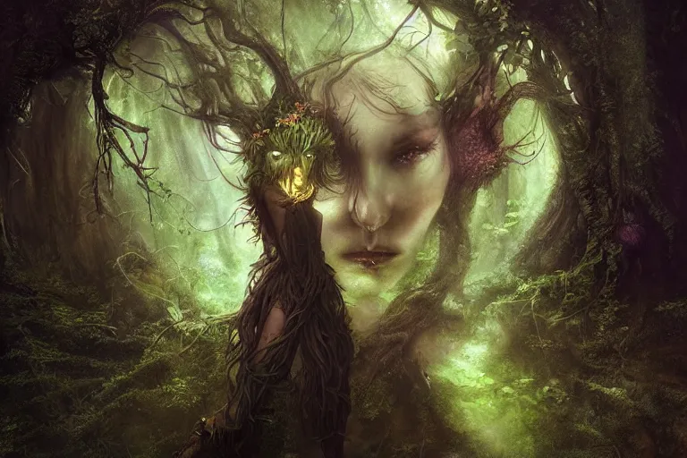 Image similar to portrait of a dryad by brian froud and jessica rossier dark mysterious