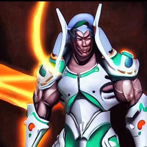 Image similar to a screenshot of arnold schwarzenegger as genji in overwatch