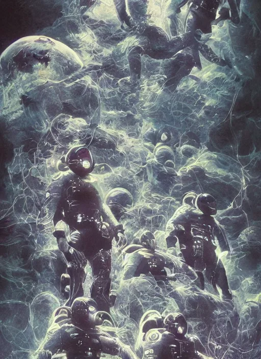 Image similar to astronauts divers in dark void underwater - complex and hyperdetailed technical suit design. reflection and dispersion materials. rays and dispersion of light. volumetric light. f / 3 2. noise film photo. flash photography. ultra realistic, 5 0 mm. poster by wayne barlowe, hajime sorayama aaron horkey, craig mullins