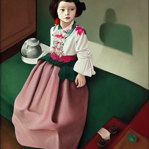 Image similar to little girl wearing an gucci's outfit. digital artwork made by ayama kojima, inspired by balthus, highly detailed, realistic,