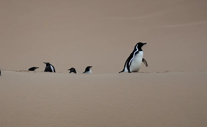 Image similar to penguins sliding in sand dunes, photography