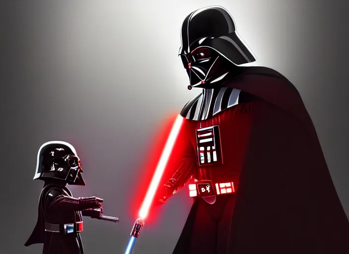 Image similar to a dramatic highly detailed render of darth vader with red lightsaber drawn facing a cute toddler with its back to the camera, futuristic star wars vibe, by WLOP and Artgerm and Greg Rutkowski and Alphonse Mucha, Beautiful dynamic dramatic dark moody lighting, shadows, cinematic atmosphere, Artstation, concept design art, Octane render, 8K, masterpiece, sharp focus, hyperrealistic