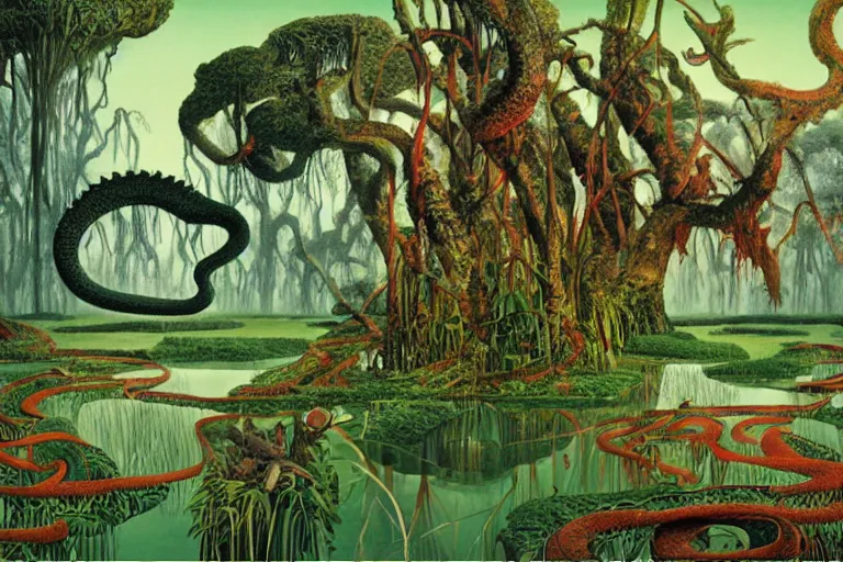 Image similar to Snake oil salesman searching the swamps of Formosa, painting by Roger Dean, painting by Naomi Okubo