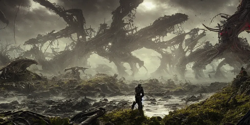 Image similar to Planet invasion of alien zombies, ressistance of the last warriors, overgrown, sea, rivers, waterfalls, Greg Rutkowski, Darek Zabrocki, Karlkka, Jayison Devadas, Phuoc Quan, trending on Artstation, 8K, ultra wide angle, pincushion lens effect