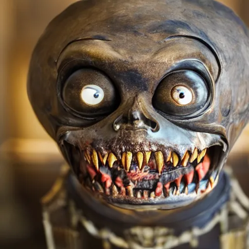 Image similar to a taxidermized smiling horror of the abyss, in a museum, on a pedestal, 8 5 mm lens, 7 0 mm entrance pupil diameter, close - up photograph, high detail, 4 k, soft focus, depth of field