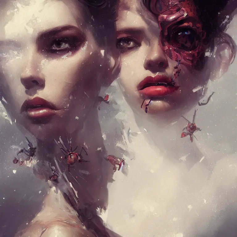 Image similar to a fancy portrait of half bug women by greg rutkowski, sung choi, mitchell mohrhauser, maciej kuciara, johnson ting, maxim verehin, peter konig, 8 k photorealistic, cinematic lighting, hd, high details, dramatic, atmosphereric, trending on artstation