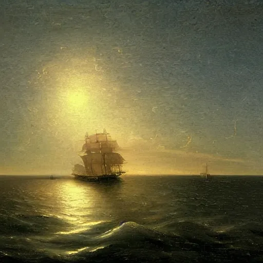 Prompt: clouds made out of the universe with luminous skies and a ship sailing in the distance, fitz henry lane, painting, detailed