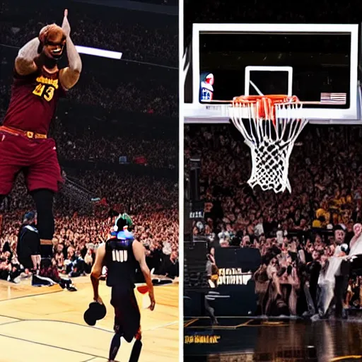 Prompt: lebron james dunking on elon musk, detailed, award winning, cinematic, epic composition, photorealistic, 8 k