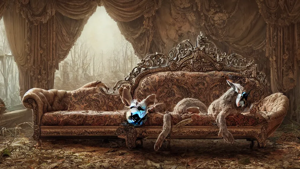 Image similar to a dead rabbit sitting on an ornate victorian couch made out of decomposing animals, intricate, detailed, volumetric lighting, sharp focus, photorealism, digital painting, highly detailed, concept art, by roger dean and simon stalenhag and mark brooks