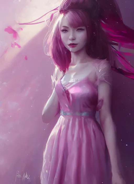 Prompt: pink dress, beautiful girl, fantasy, han so - hee, lipstick, eyeliner, friendly, pure, perfect face, blue eyes, highly detailed, masterpiece, artstation, art by emika lightweaver and antoine collignon and akihiko yoshida