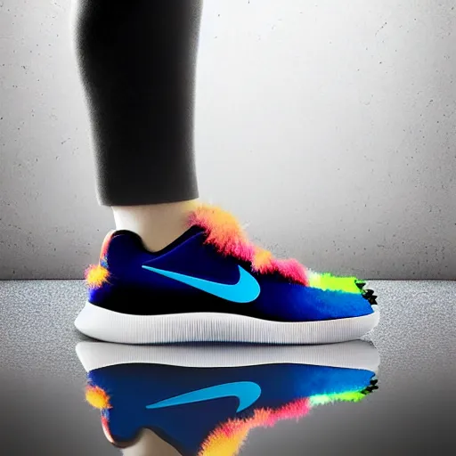 Image similar to poster nike shoe made of very fluffy colorful faux fur placed on reflective surface, professional advertising, overhead lighting, heavy detail, realistic by nate vanhook, mark miner