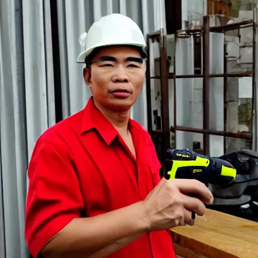 Prompt: Hồ Chí Minh holding Electric Cordless Drill