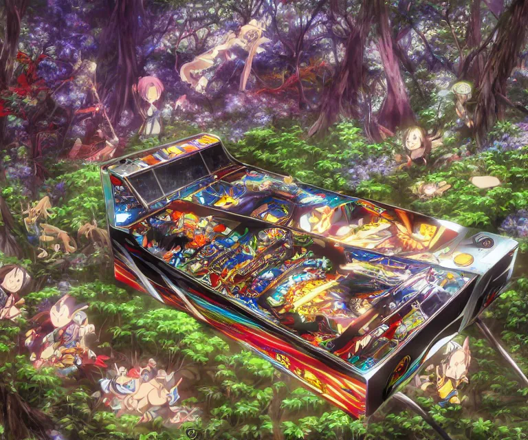 Image similar to pinball machine in a forest, anime fantasy illustration by tomoyuki yamasaki, kyoto studio, madhouse, ufotable, comixwave films, trending on artstation