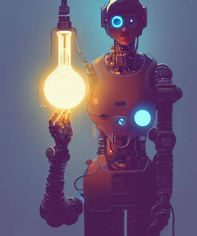 Image similar to a portrait of a cyberpunk robot holding a light bulb, fantasy, elegant, digital painting, artstation, concept art, matte, sharp focus, illustration, art by josan gonzalez