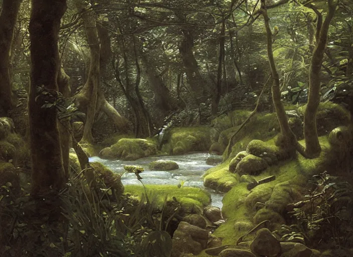 Image similar to airy forest glade ( wide and clear ). dream - like atmosphere ( time seems to dawdle ). cheery stream ( runs through glade, bubbling over rocks ).. edgar maxence and caravaggio and michael whelan and delacroix style, artistic, intricate painting, cinematic lighting, hyper realistic, extremely detailed, vivid colors, establishing shot, dramatic lighting