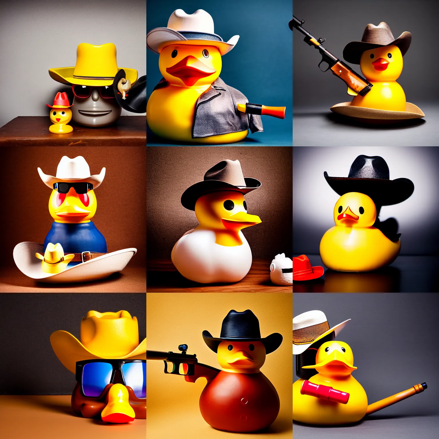 Prompt: a studio photography of a cowboy rubber duck with a shotgun, a cowboy hat and sunglasses