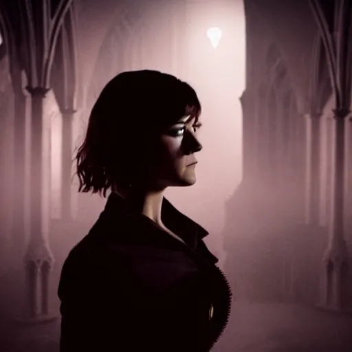 Prompt: intense medium shot of mary elizabeth winstead as a vampire in a gothic cathedral at night, gloomy, cinematic, ground mist, volumetric light.