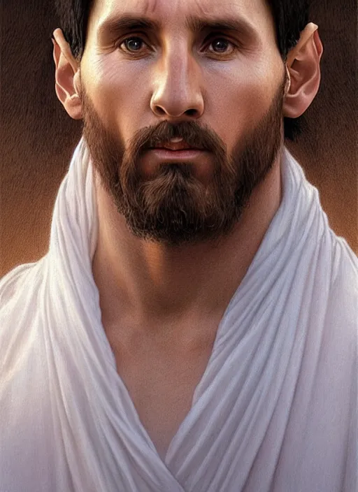 Prompt: portrait lionel messi as jesus, full length shot, shining, 8 k highly detailed, sharp focus, illustration, art by artgerm, mucha, bouguereau