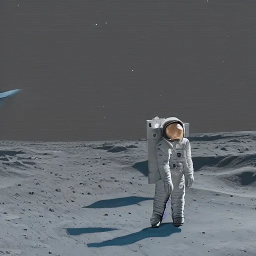 Image similar to two astronaut kids on the surface of the moon with a biosphere in the distance in the style of stalenhag, render, VRay, octane, beige and white color scheme, 8K