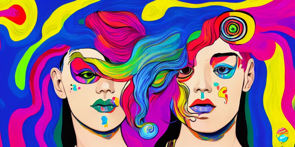 Image similar to a digital painting of a woman with colorful hair, a pop art painting by tomokazu matsuyama, behance contest winner, psychedelic art, psychedelic, 2 d, digital illustration