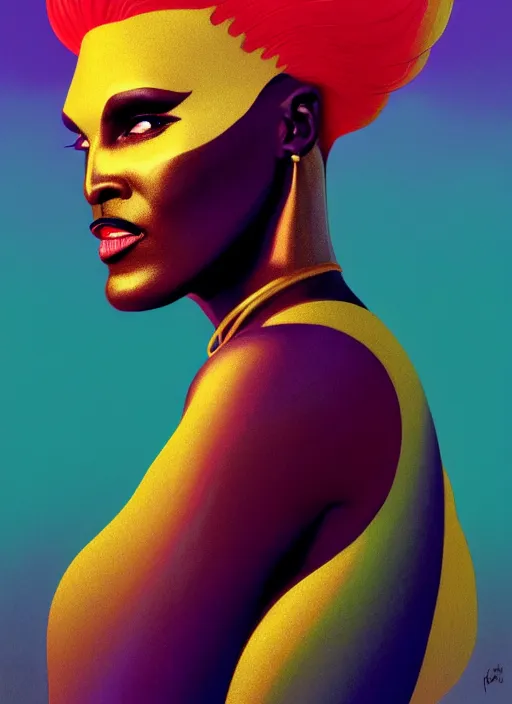 Prompt: side profile centered painted portrait, grace jones as golden fairy, d & d, gloomhaven, matte painting concept art, art nouveau, beautifully backlit, swirly vibrant color lines, fantastically gaudy, aesthetic octane render, 8 k hd resolution, by ilya kuvshinov and cushart krentz and gilleard james