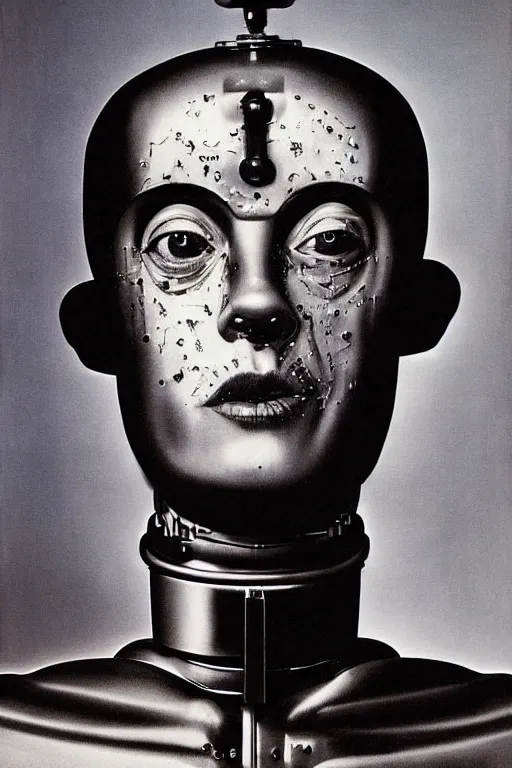 Image similar to robot monk painting a self - portrait on a canvas. intricate, highly detailed, photorealistic, film still, by richard avedon.