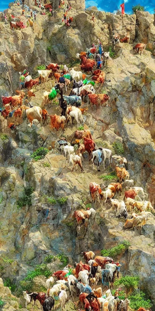 Image similar to a herd of goats climbing a citadel!, colorful, beautiful, highly detailed