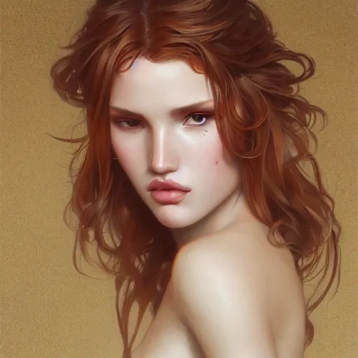 Image similar to ultra realistic illustration, bella thorne, pouting, intricate, elegant, highly detailed, digital painting, artstation, concept art, smooth, sharp focus, illustration, art by artgerm and greg rutkowski and alphonse mucha