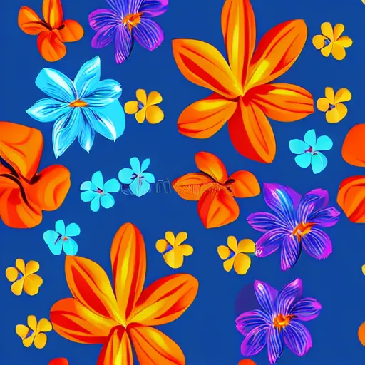 Image similar to Vector illustration of tropical flowers with multiple cohesive colors ranging from warms blues to bright oranges on a dark moldy blue background, 4K resolution