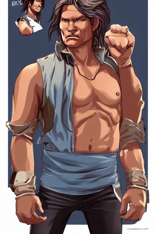 Image similar to character art, full body, kurt russell as jack burton, in the style of hiroaki hashimoto, kof 9 8, tank top, artstation, pixiv, lineart, anime, manga, light skin tone, highly detailed, volumetrics